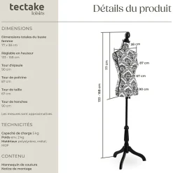 Mannequin de couture Torse Femme Réglable en hauteur 133 - 168 cm
