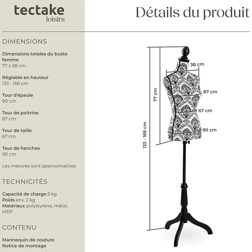 Mannequin de couture Torse Femme Réglable en hauteur 133 - 168 cm