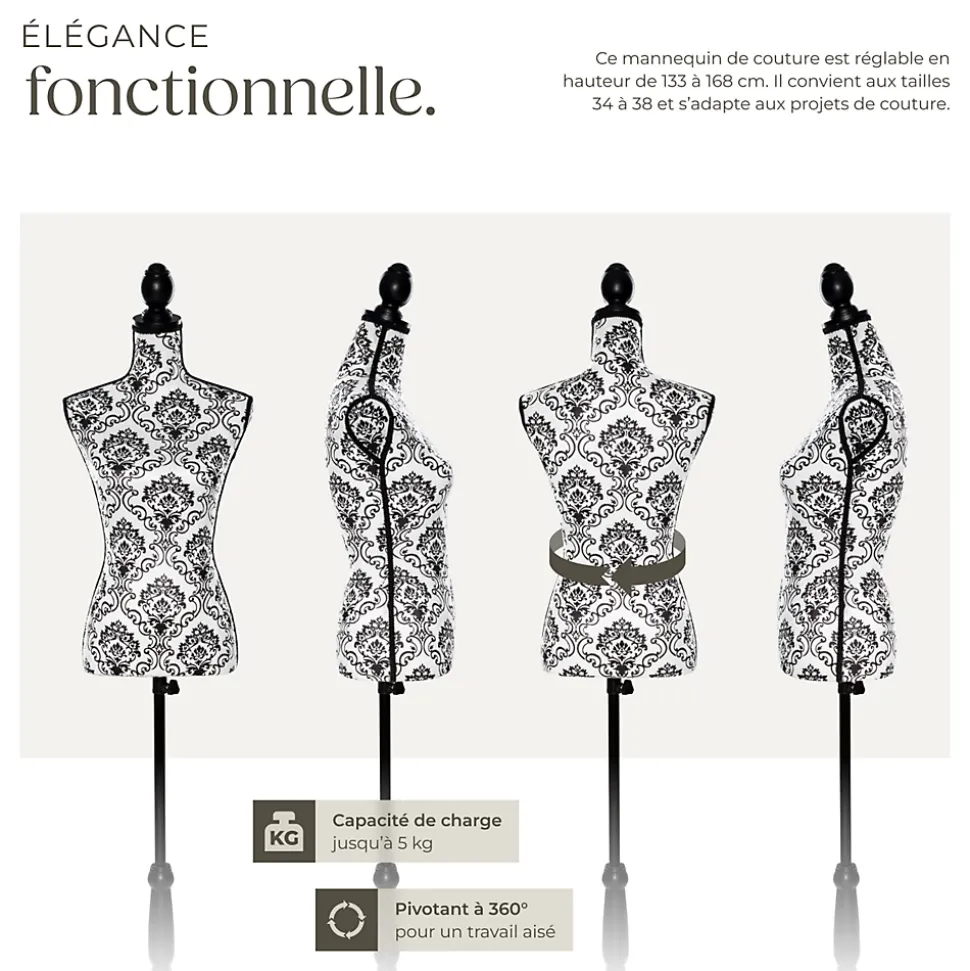 Mannequin de couture Torse Femme Réglable en hauteur 133 - 168 cm