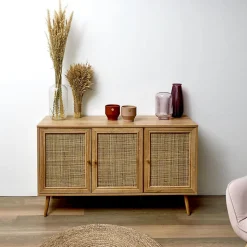 MAYA - Buffet 3 Portes Effet Bois et Façades Rotin