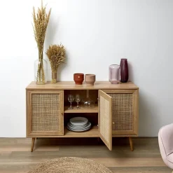 MAYA - Buffet 3 Portes Effet Bois et Façades Rotin