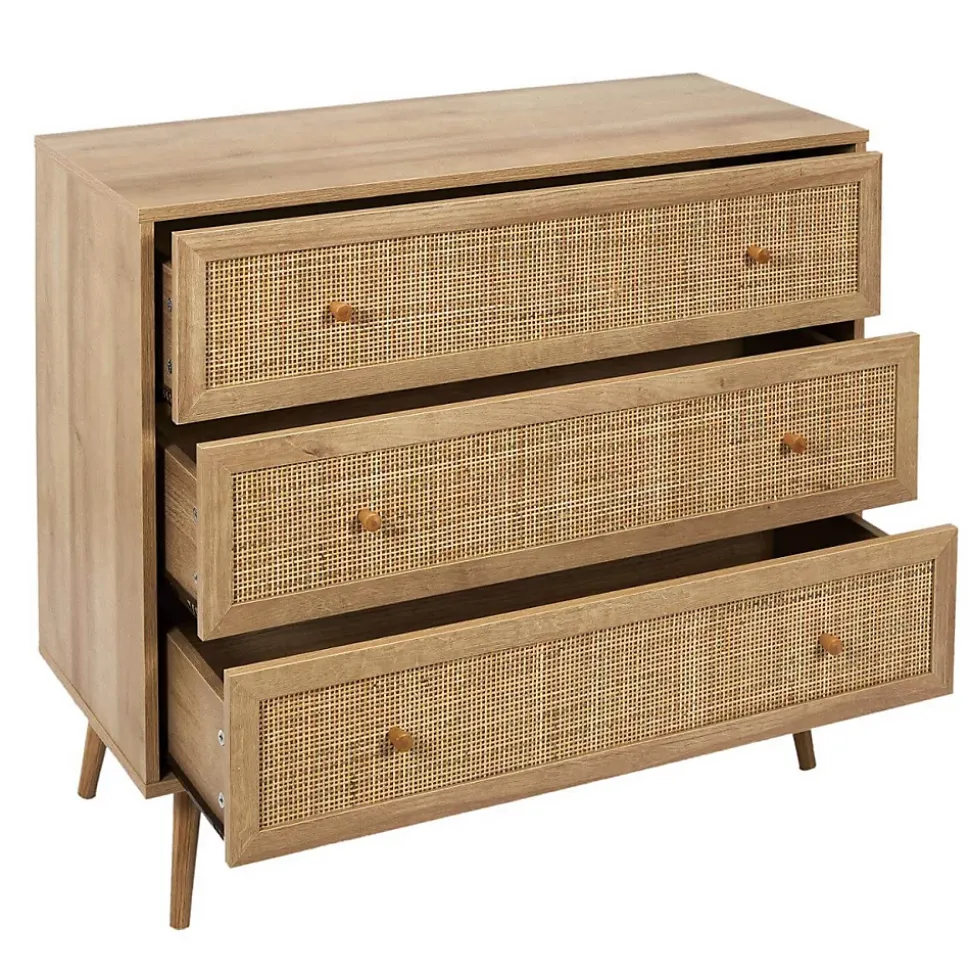MAYA - Commode 3 Tiroirs Effet Bois et Façades Rotin