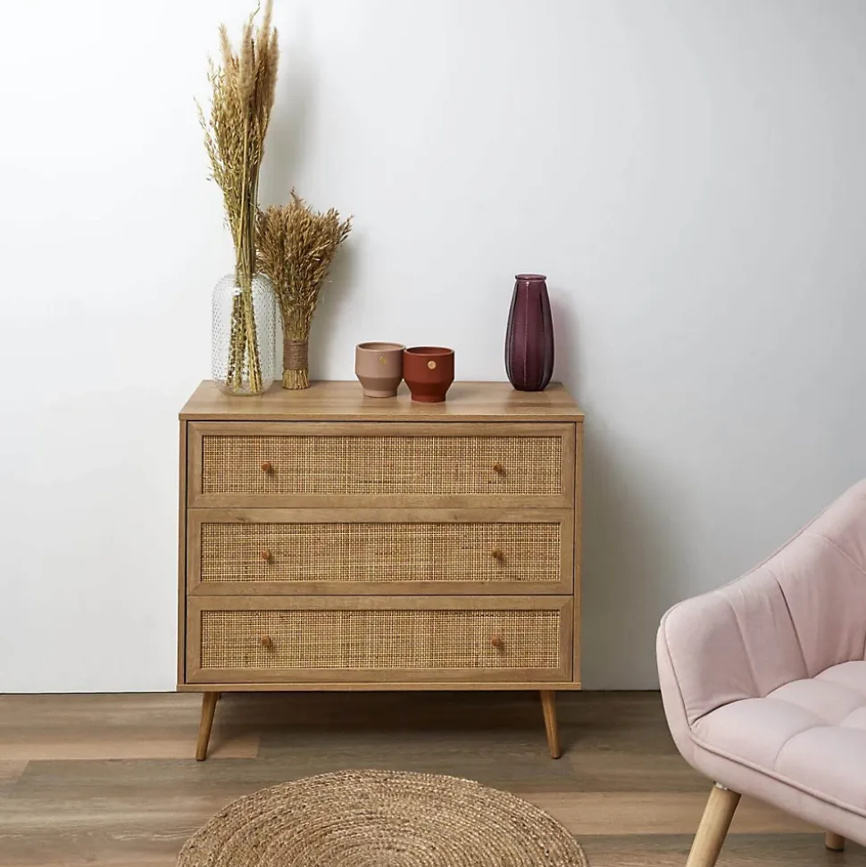 MAYA - Commode 3 Tiroirs Effet Bois et Façades Rotin