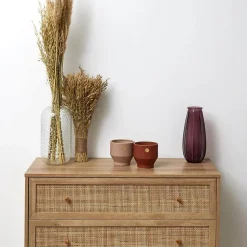MAYA - Commode 3 Tiroirs Effet Bois et Façades Rotin