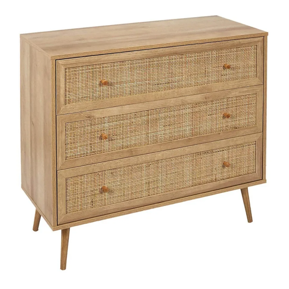 MAYA - Commode 3 Tiroirs Effet Bois et Façades Rotin