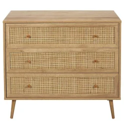 MAYA - Commode 3 Tiroirs Effet Bois et Façades Rotin