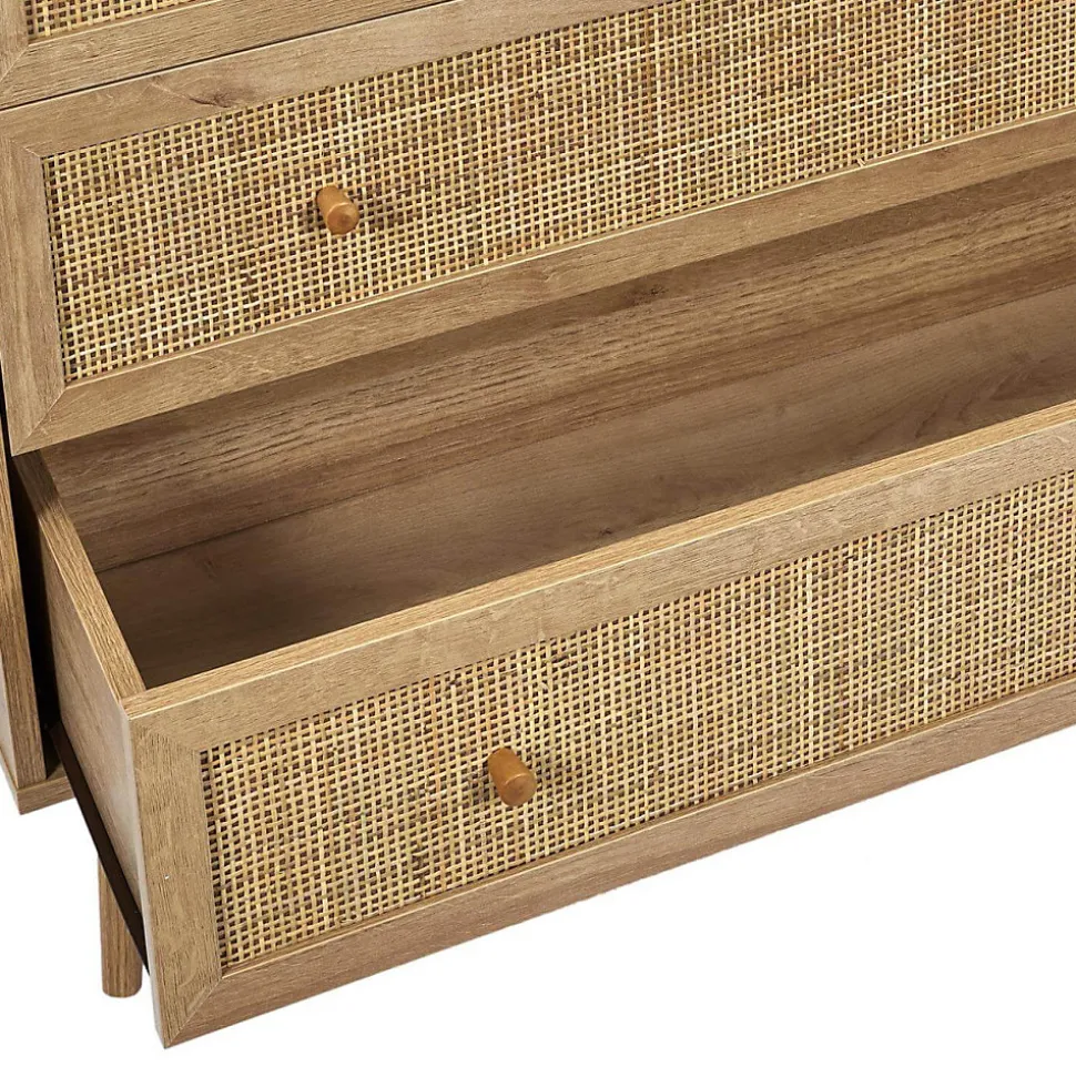 MAYA - Commode 3 Tiroirs Effet Bois et Façades Rotin