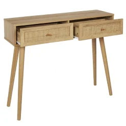 MAYA - Console 2 Tiroirs Effet Bois et Façades Rotin