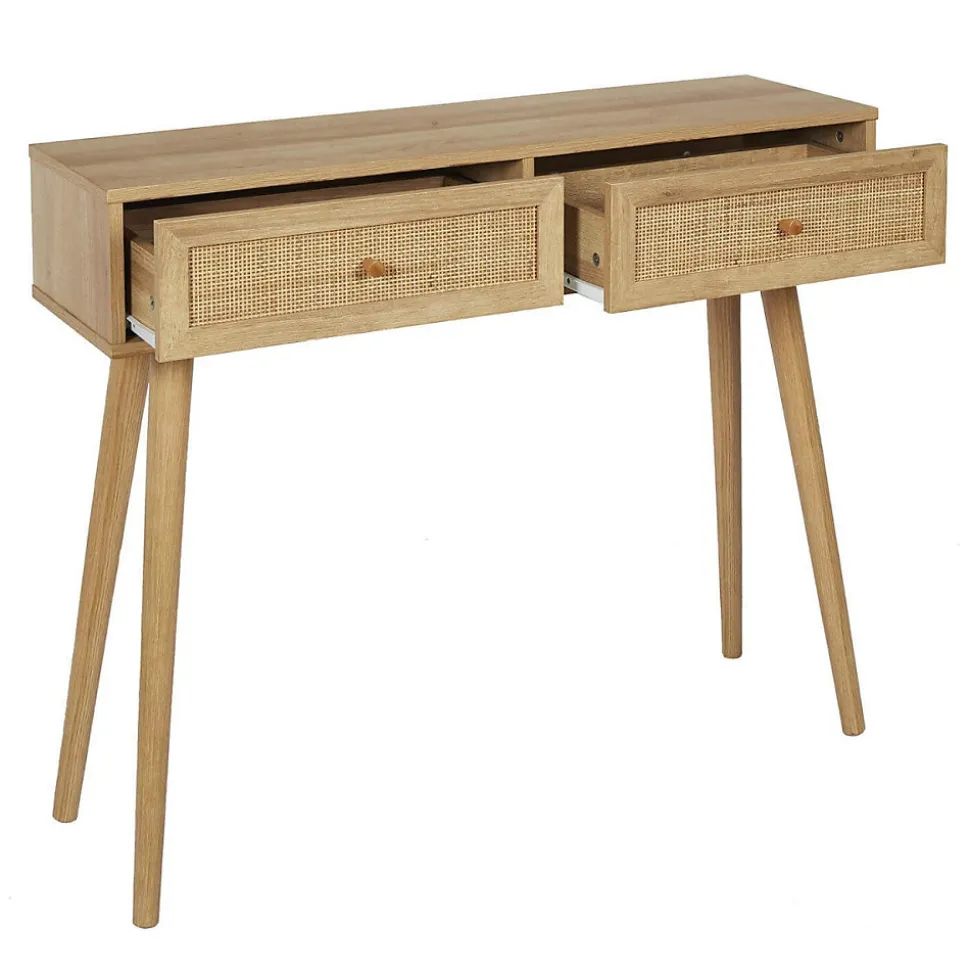 MAYA - Console 2 Tiroirs Effet Bois et Façades Rotin