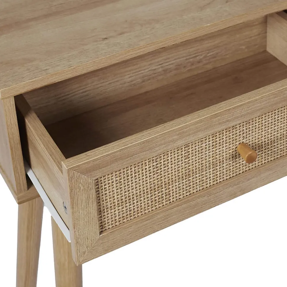MAYA - Console 2 Tiroirs Effet Bois et Façades Rotin