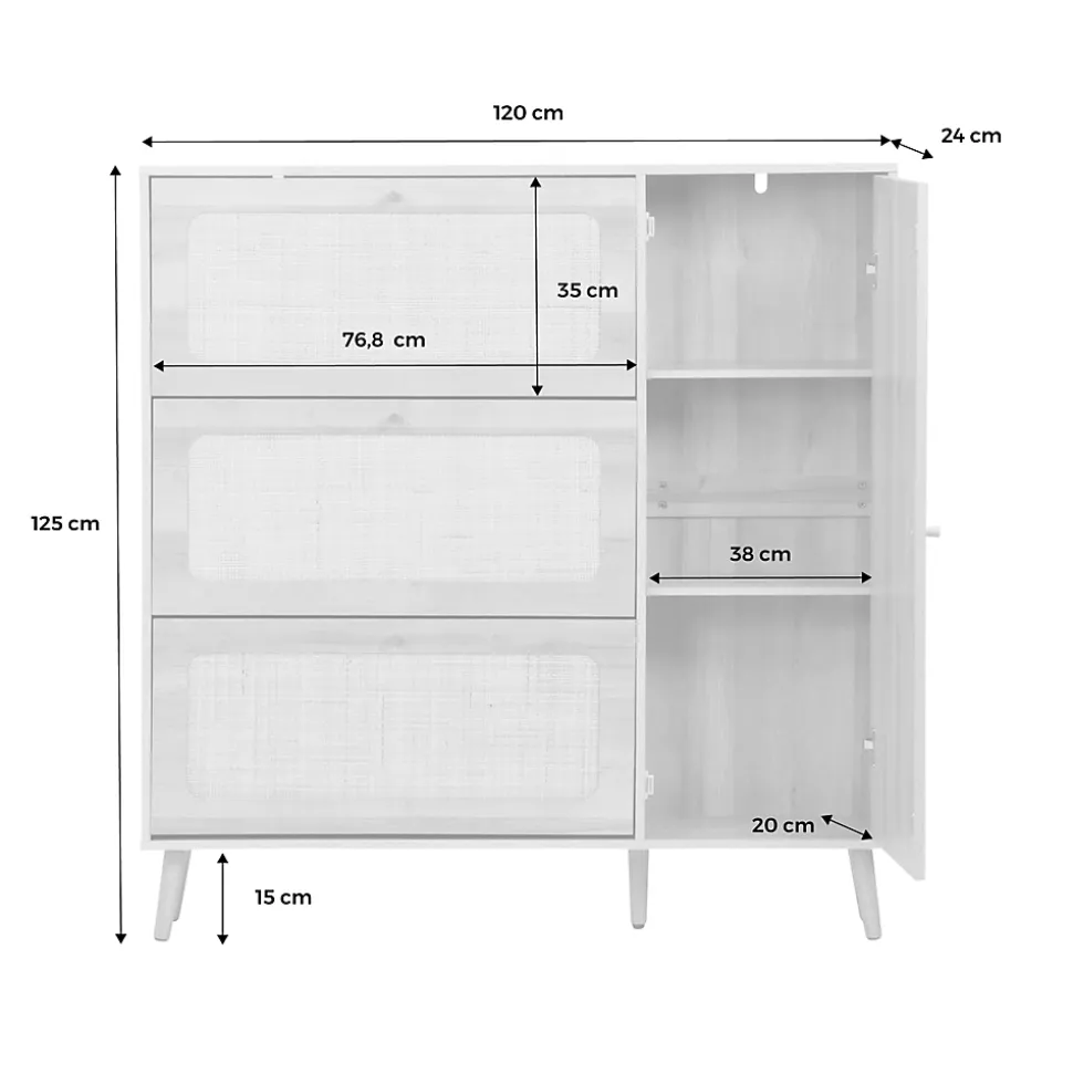 Meuble à chaussure cannage Bohème noir. 3 abattants. 1 porte. 21 paires. 120 x 24 x 125 cm