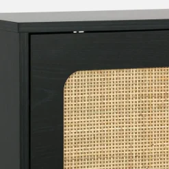 Meuble à chaussure cannage Bohème noir. 3 abattants. 1 porte. 21 paires. 120 x 24 x 125 cm