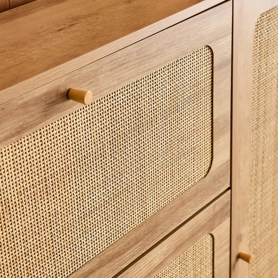 Meuble à chaussure cannage Bohème naturel. 3 abattants. 1 porte. 21 paires. 120 x 24 x 125 cm