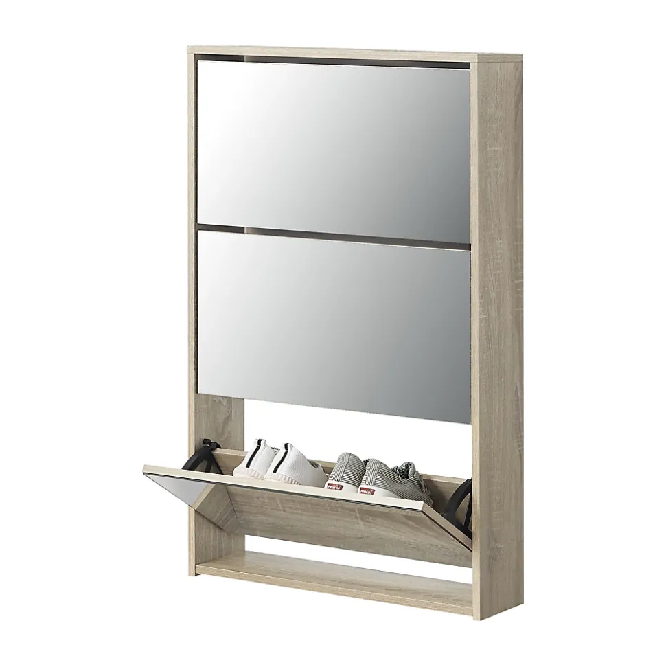 Meuble à Chaussure Lund Miroir 103 x 63 x 17cm Effet Chêne en.casa