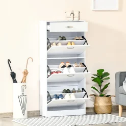Meuble à chaussures - 3 portes abattantes, tiroir coulissant - dim. 62L x 24l x 135H cm - poignées alu. panneaux blanc