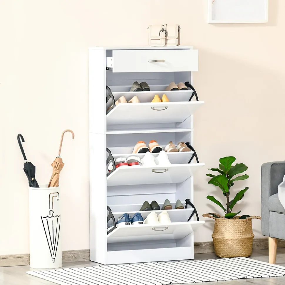 Meuble à chaussures - 3 portes abattantes, tiroir coulissant - dim. 62L x 24l x 135H cm - poignées alu. panneaux blanc