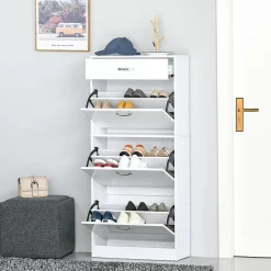 Meuble à chaussures - 3 portes abattantes, tiroir coulissant - dim. 62L x 24l x 135H cm - poignées alu. panneaux blanc
