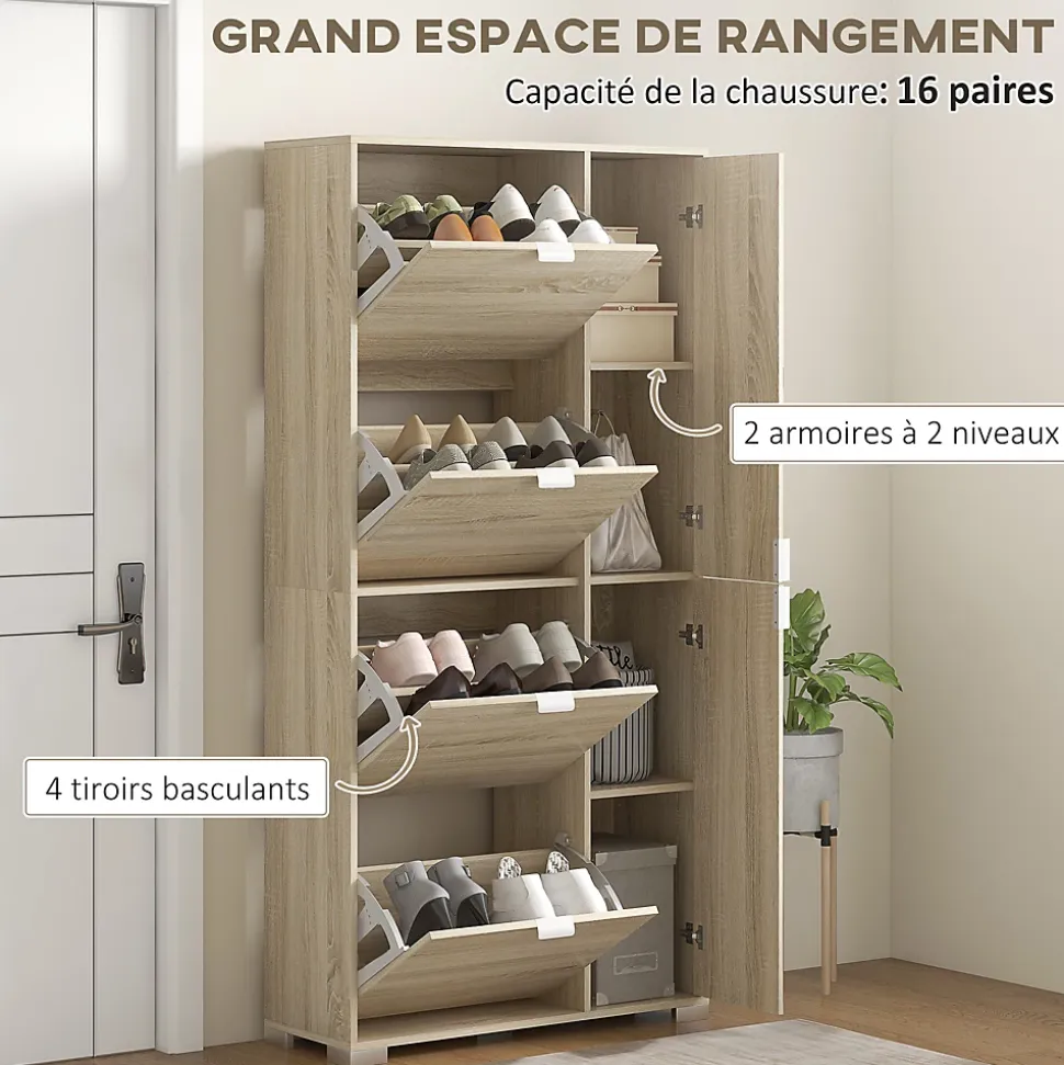 Meuble à chaussures - 4 portes abattantes, 2 portes miroirs, étagères réglables - aspect bois naturel