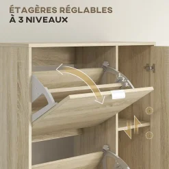 Meuble à chaussures - 4 portes abattantes, 2 portes miroirs, étagères réglables - aspect bois naturel