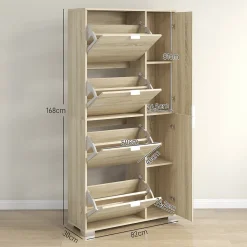 Meuble à chaussures - 4 portes abattantes, 2 portes miroirs, étagères réglables - aspect bois naturel