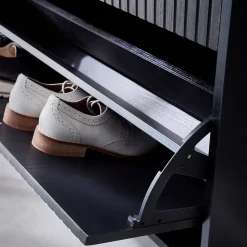 Meuble à chaussures 3 abattants décor bois rainuré noir style contemporain 18 paires