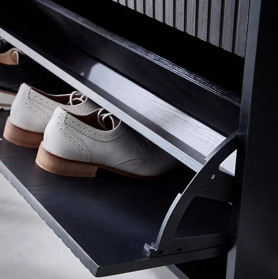 Meuble à chaussures 3 abattants décor bois rainuré noir style contemporain 18 paires