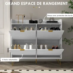 Meuble à chaussures 4 abattants style art déco - dim. 106L x 24l x 102H cm - acier doré MDF blanc