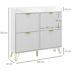 Meuble à chaussures 4 abattants style art déco - dim. 106L x 24l x 102H cm - acier doré MDF blanc