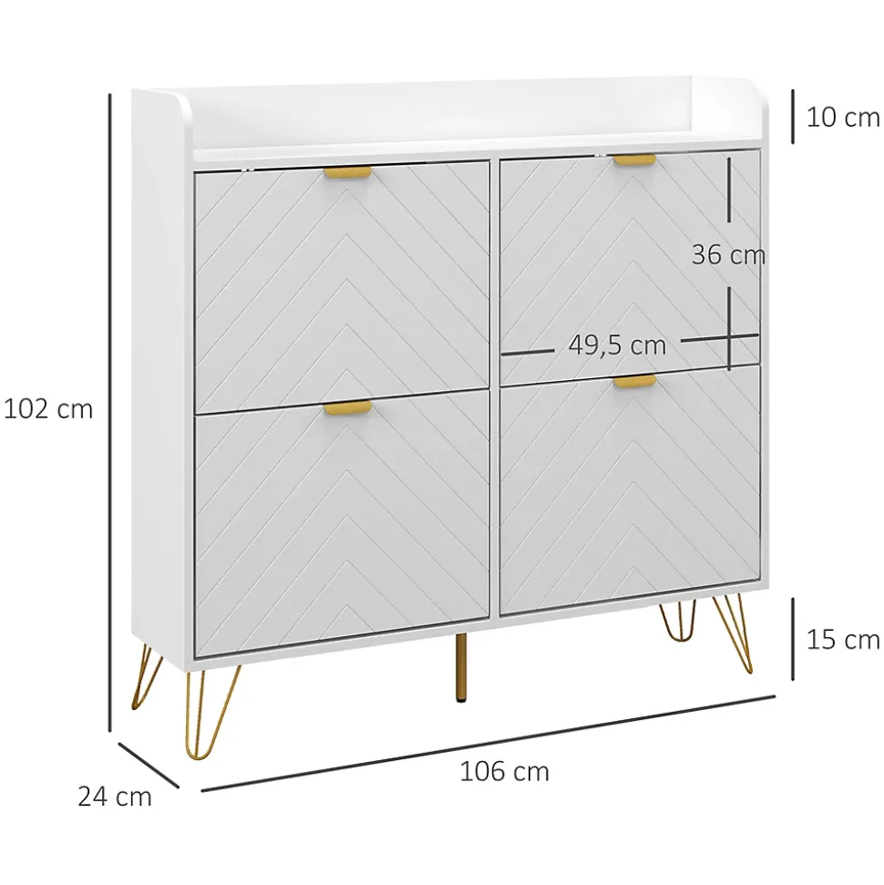 Meuble à chaussures 4 abattants style art déco - dim. 106L x 24l x 102H cm - acier doré MDF blanc