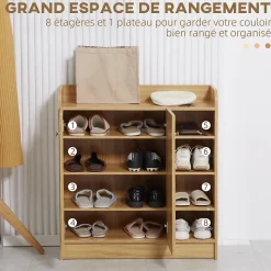 Meuble à chaussures - armoire à chaussures 2 portes 3 étagères 4 niches plateau aspect bois naturel