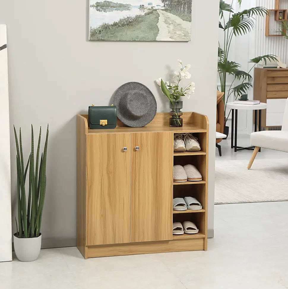 Meuble à chaussures - armoire à chaussures 2 portes 3 étagères 4 niches plateau aspect bois naturel