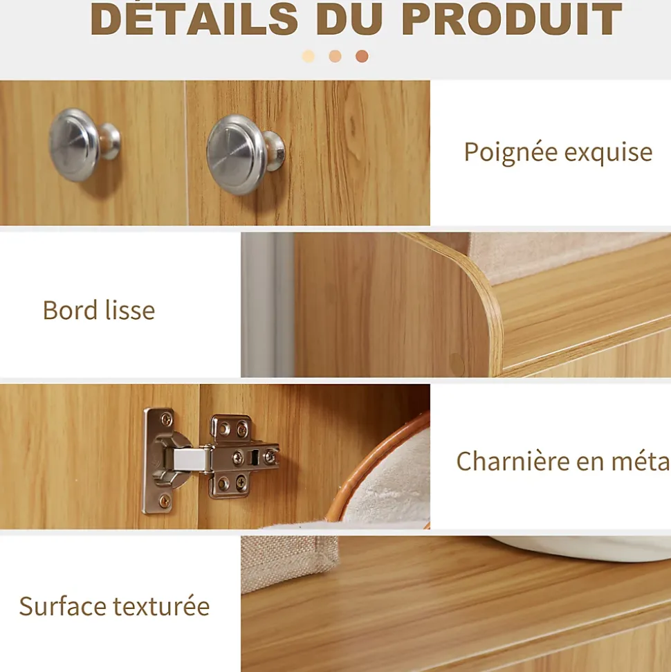 Meuble à chaussures - armoire à chaussures 2 portes 3 étagères 4 niches plateau aspect bois naturel