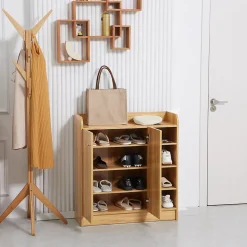 Meuble à chaussures - armoire à chaussures 2 portes 3 étagères 4 niches plateau aspect bois naturel
