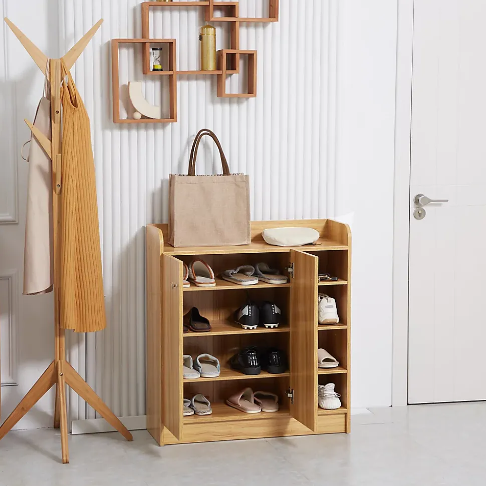 Meuble à chaussures - armoire à chaussures 2 portes 3 étagères 4 niches plateau aspect bois naturel