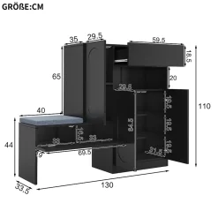 Meuble à Chaussures - Banc avec Assise Rembourrée et Portes Abattantes Soft-Close, Étagères Réglables - 130 x 35 x 110 cm - Noir