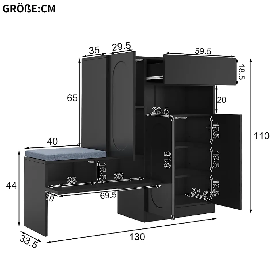 Meuble à Chaussures - Banc avec Assise Rembourrée et Portes Abattantes Soft-Close, Étagères Réglables - 130 x 35 x 110 cm - Noir