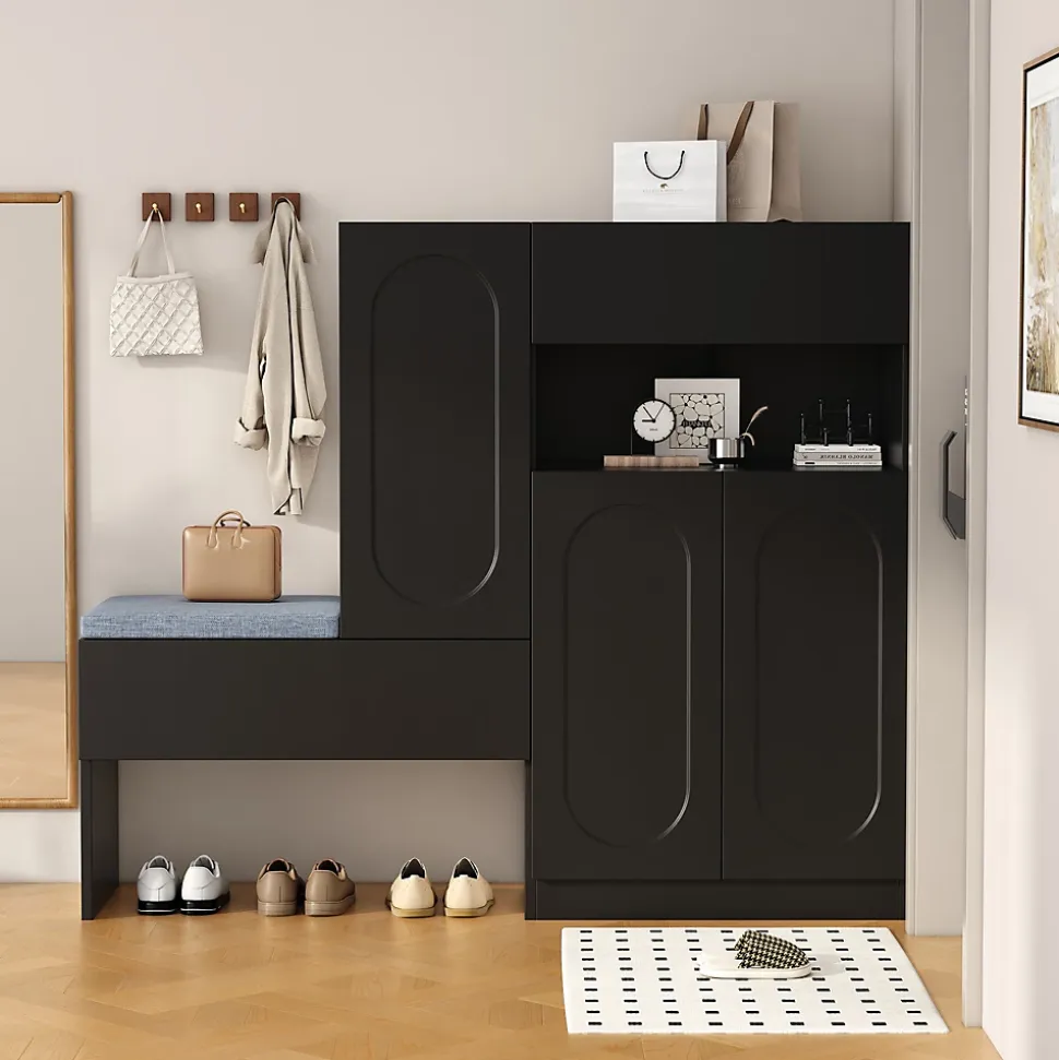 Meuble à Chaussures - Banc avec Assise Rembourrée et Portes Abattantes Soft-Close, Étagères Réglables - 130 x 35 x 110 cm - Noir