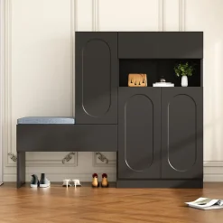 Meuble à Chaussures - Banc avec Assise Rembourrée et Portes Abattantes Soft-Close, Étagères Réglables - 130 x 35 x 110 cm - Noir
