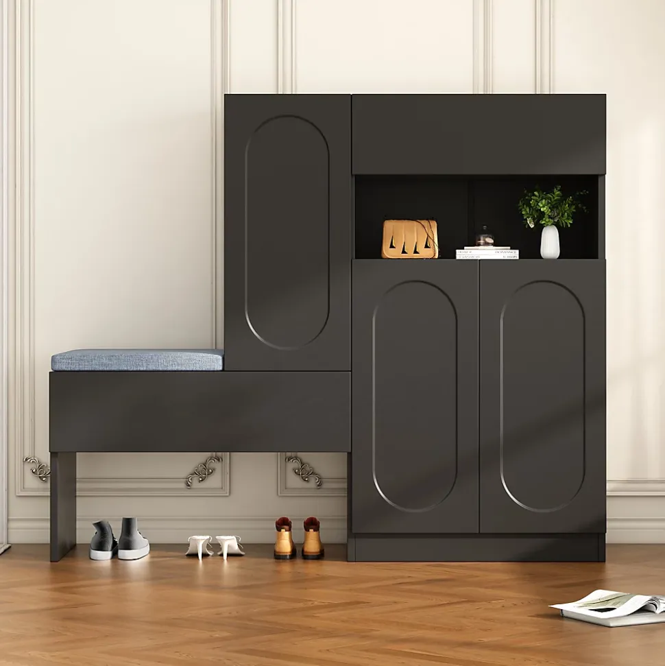 Meuble à Chaussures - Banc avec Assise Rembourrée et Portes Abattantes Soft-Close, Étagères Réglables - 130 x 35 x 110 cm - Noir