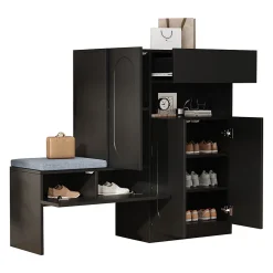 Meuble à Chaussures - Banc avec Assise Rembourrée et Portes Abattantes Soft-Close, Étagères Réglables - 130 x 35 x 110 cm - Noir