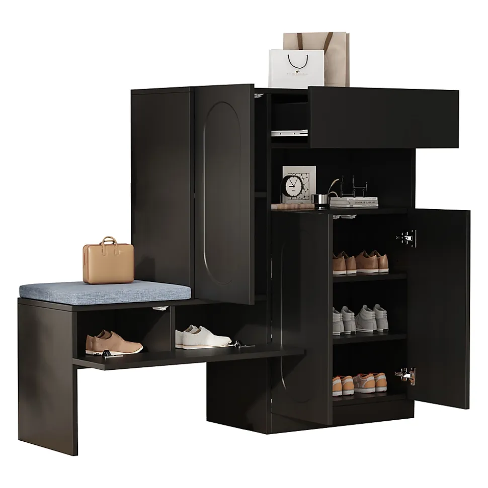 Meuble à Chaussures - Banc avec Assise Rembourrée et Portes Abattantes Soft-Close, Étagères Réglables - 130 x 35 x 110 cm - Noir