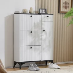 Meuble à chaussures - Basculant avec 3 Abattants, avec Tiroir et Porte Latérale, Meuble d'entrée Compact - Blanc - 121x90x25 cm