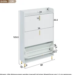 Meuble à chaussures 80 cm, 3 portes basculantes, blanc mat, pieds métal doré et étagères réglables