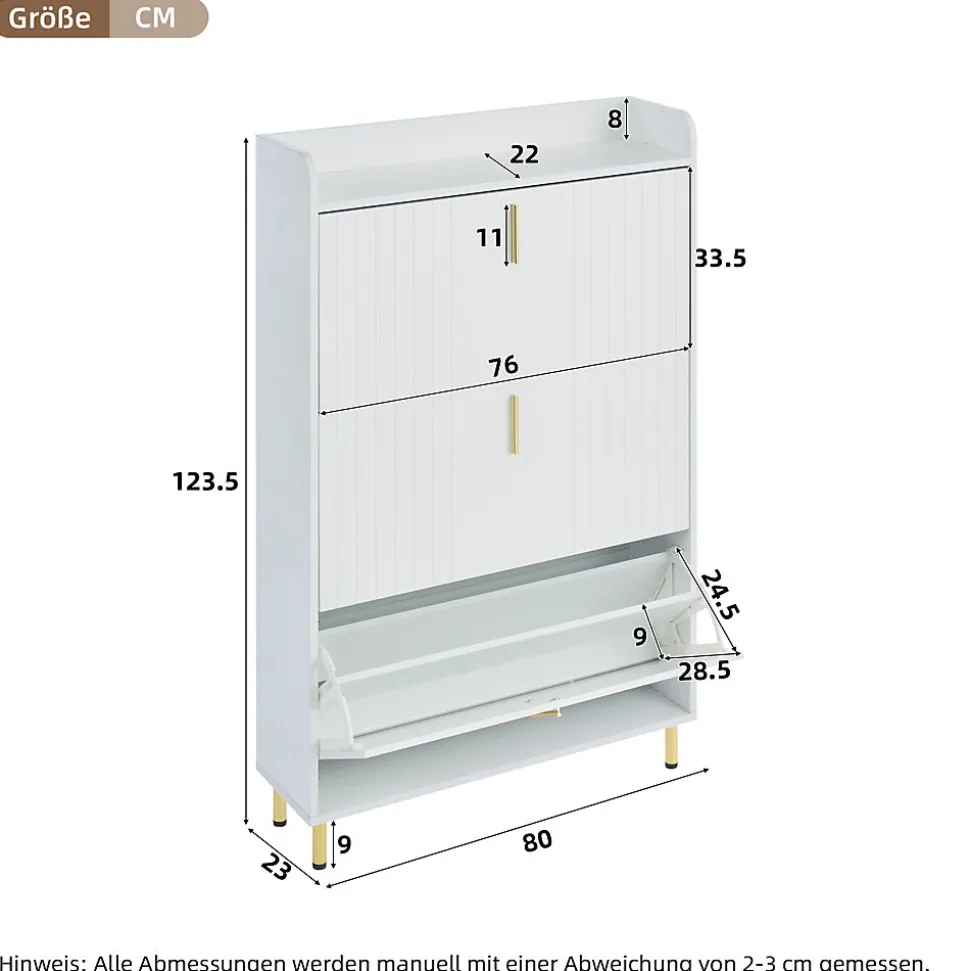 Meuble à chaussures 80 cm, 3 portes basculantes, blanc mat, pieds métal doré et étagères réglables