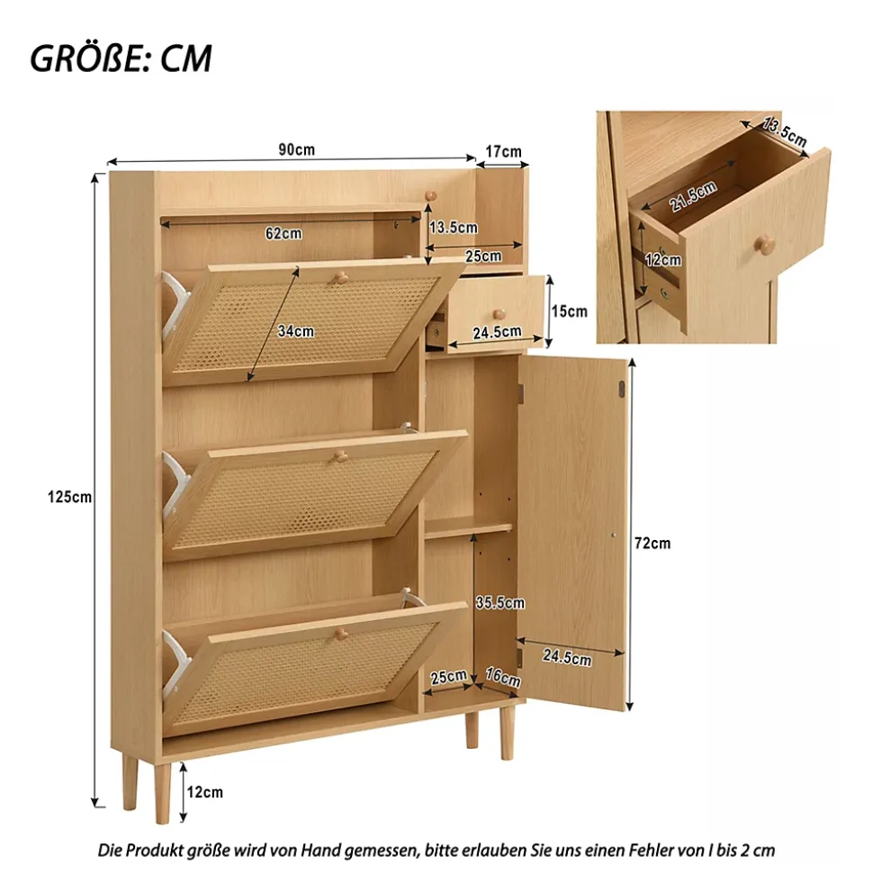 Meuble à chaussures 90 cm, 3 portes basculantes, tiroir latéral, pieds bois massif, finition rotin