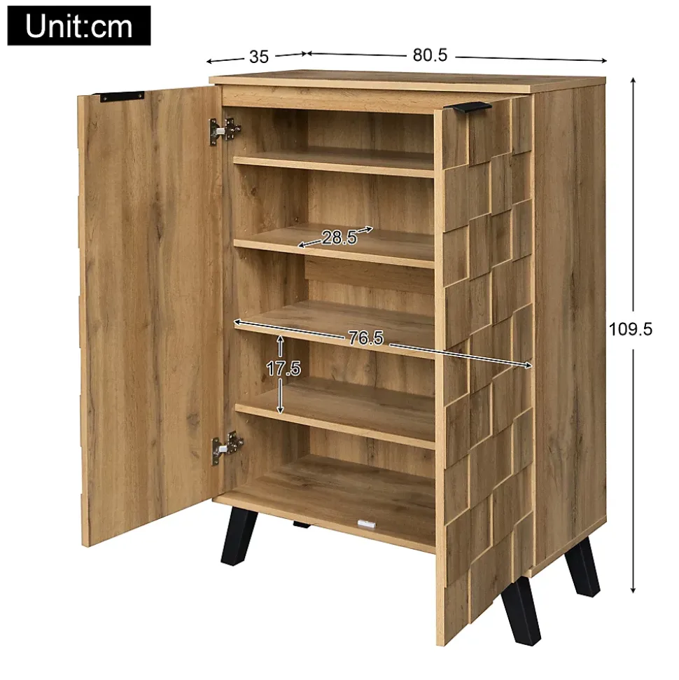 Meuble à chaussures 80,5 cm aspect bois avec portes à relief géométrique, 4 étagères réglables, pieds noirs