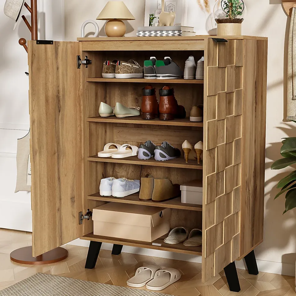 Meuble à chaussures 80,5 cm aspect bois avec portes à relief géométrique, 4 étagères réglables, pieds noirs