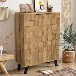 Meuble à chaussures 80,5 cm aspect bois avec portes à relief géométrique, 4 étagères réglables, pieds noirs