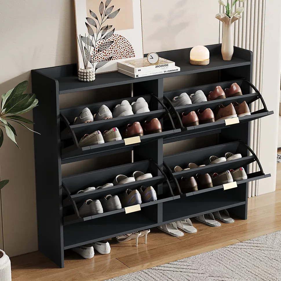 Meuble à chaussures 110 cm avec portes basculantes et étagères réglables, finition noir moderne