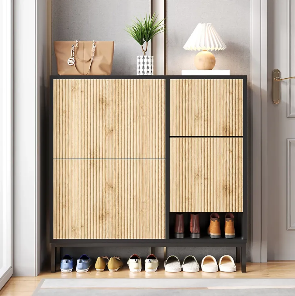 Meuble à chaussures 100 cm avec 3 portes basculantes et banc escamotable, noir et bois naturel